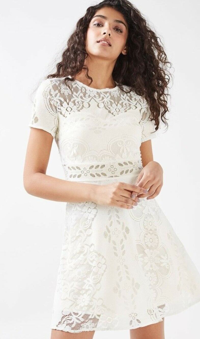 Topshop Ivory Fluted Sleeve Lace Overlay Round Neck Women’s Dress Size 6